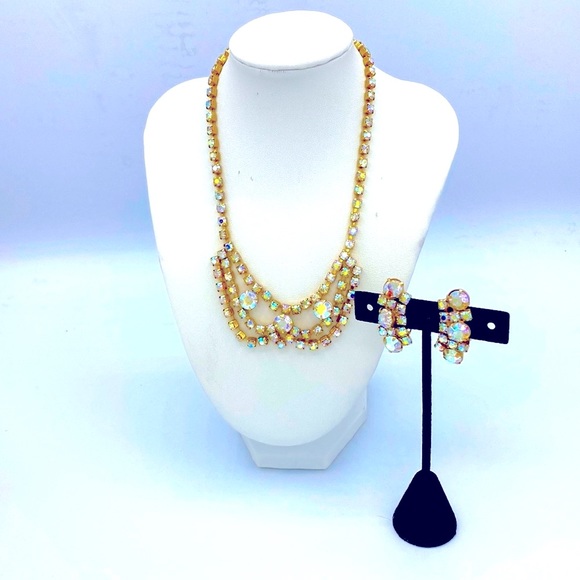 Vintage AB Rhinestones ( Golden) Necklace Set - Picture 1 of 6